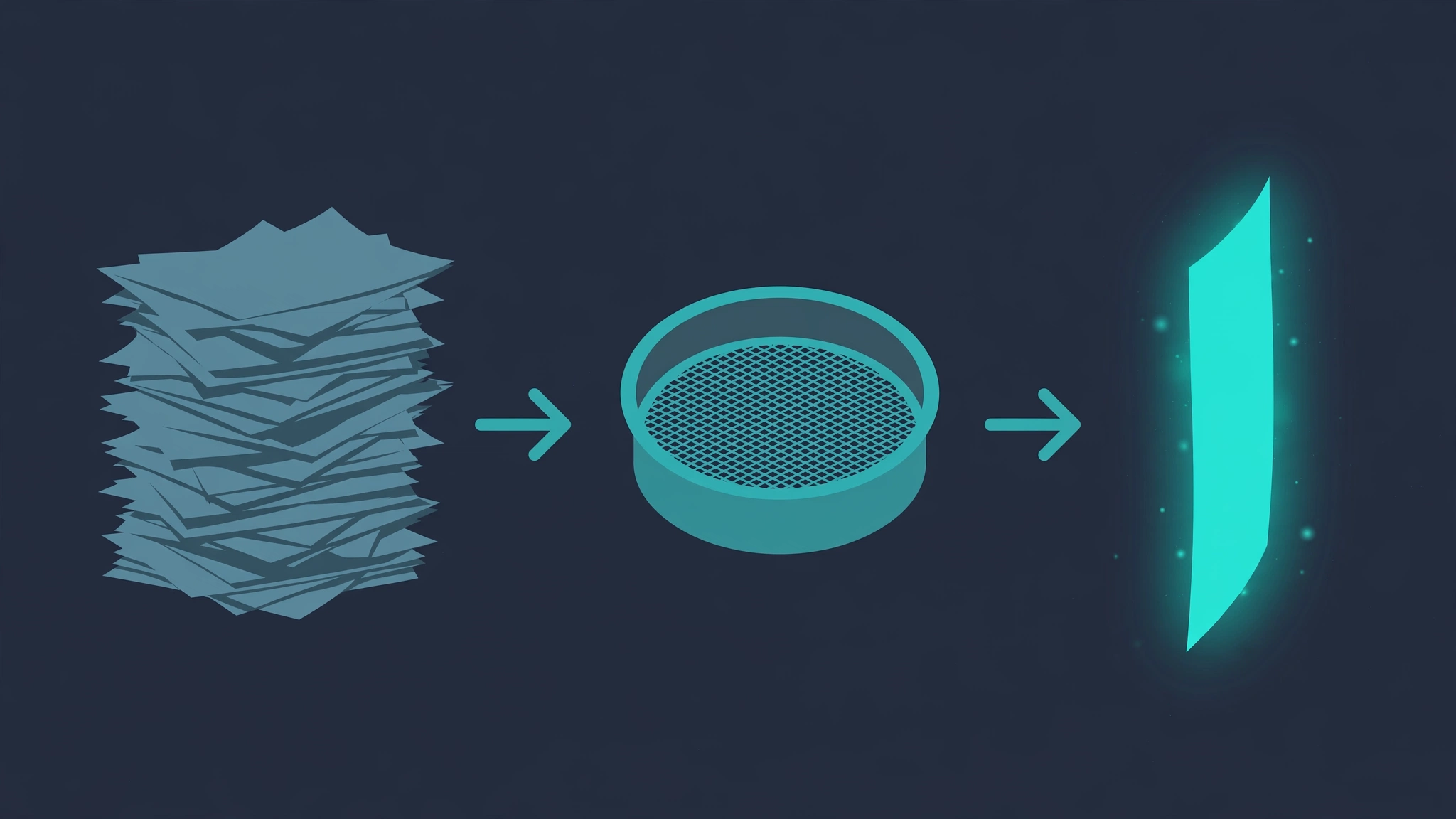 AI-generated diagram: a tall messy stack of document pages passes through a filter sieve and emerges as a single slim glowing page