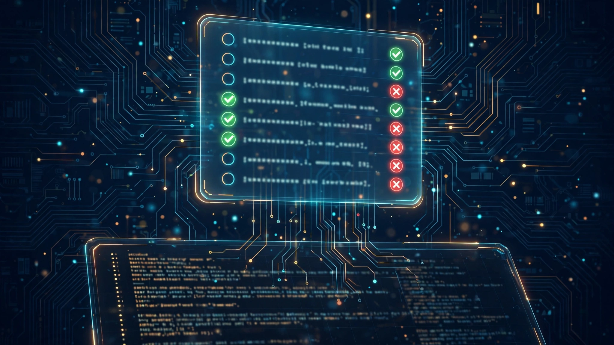 AI-generated editorial illustration: a glowing checklist of test assertions with green checkmarks and red X marks floating over a dark terminal window of LLM prompt text, connected by circuit traces on a deep navy background