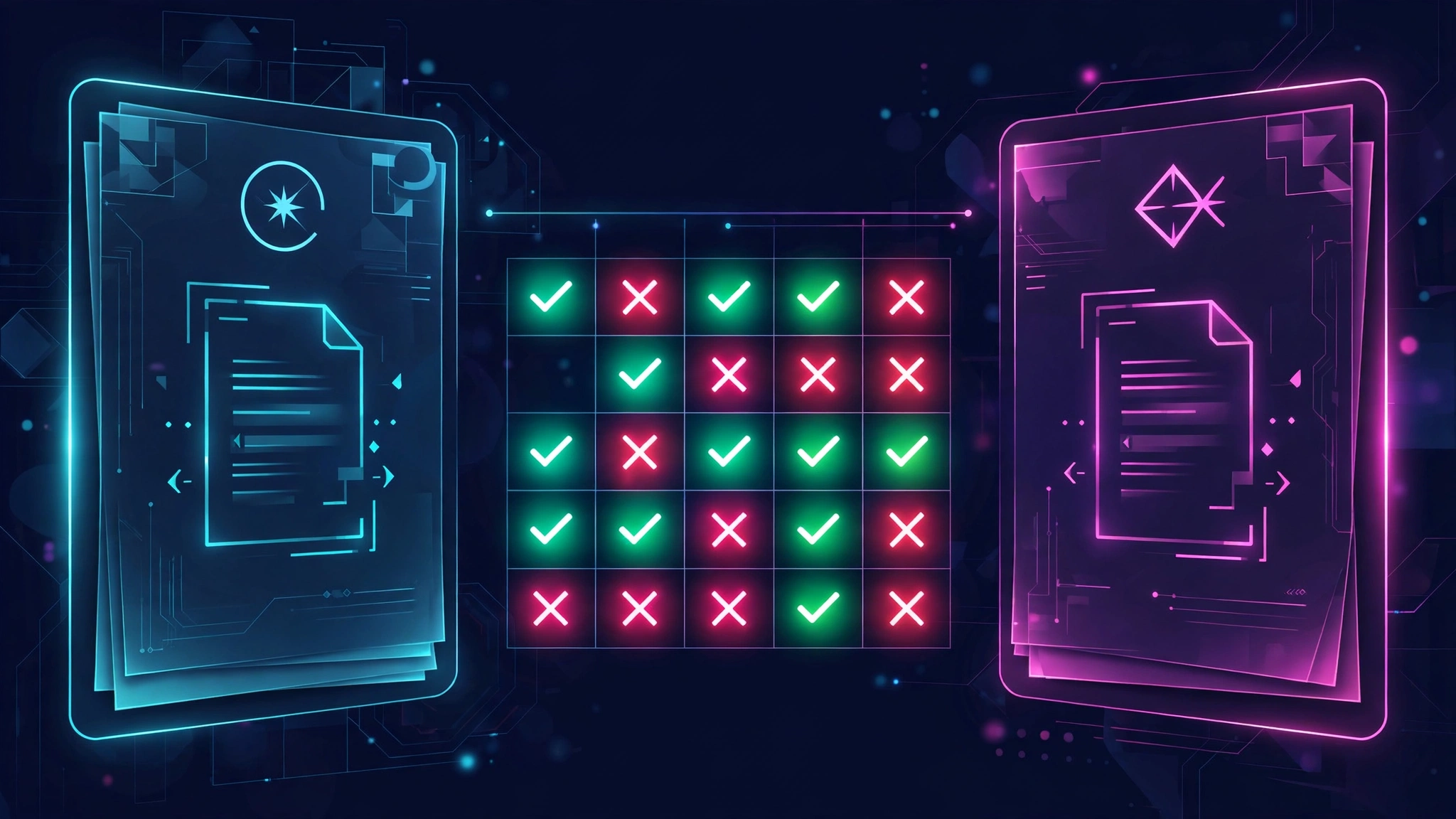 AI-generated editorial illustration: two glowing prompt documents facing each other across a pass-fail comparison matrix of green checkmarks and red crosses on a dark navy background