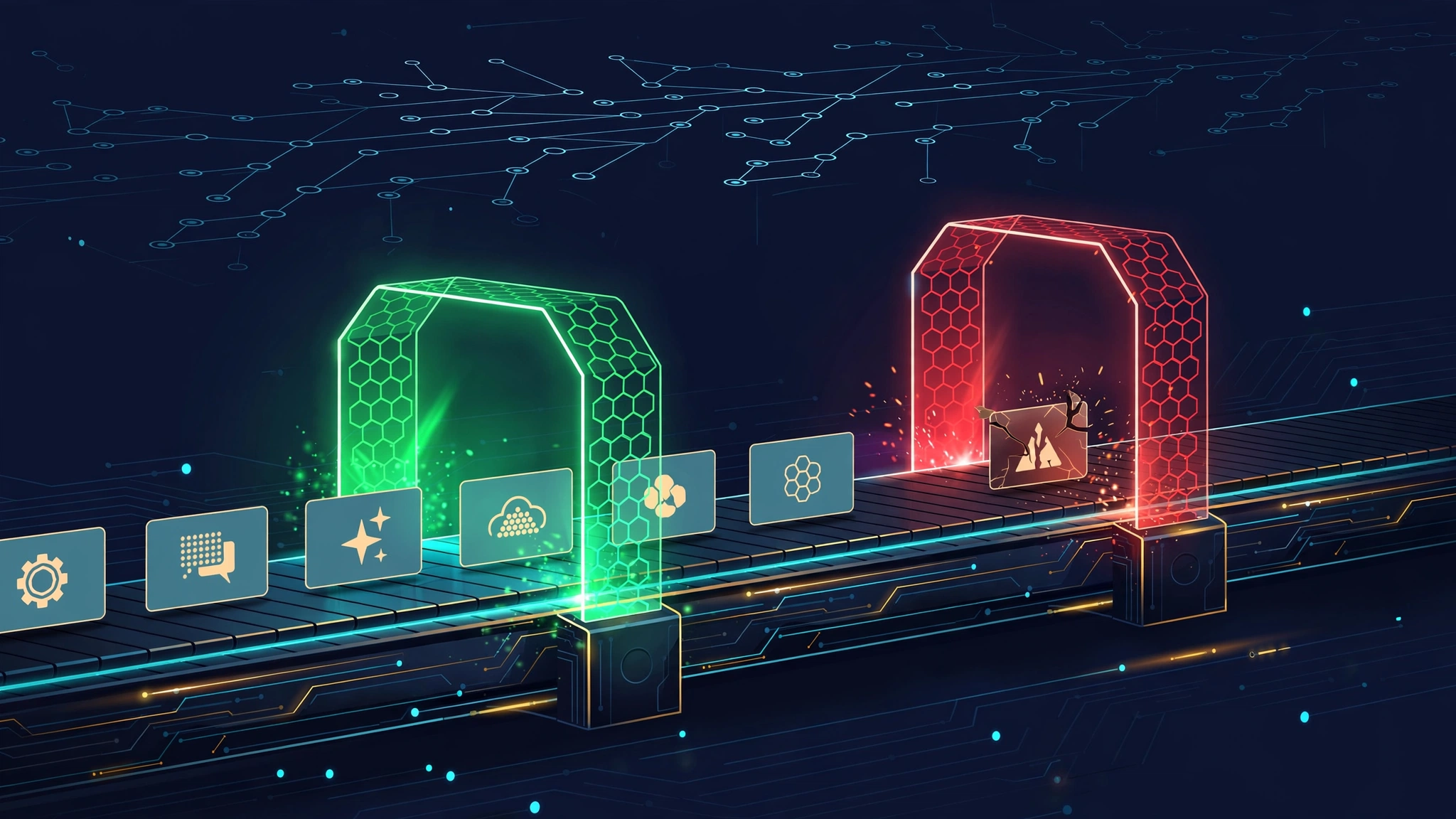 AI-generated editorial illustration: a continuous-integration pipeline as a glowing conveyor belt carrying prompt cards through green pass gates and a red gate stopping a defective card, on a dark navy background