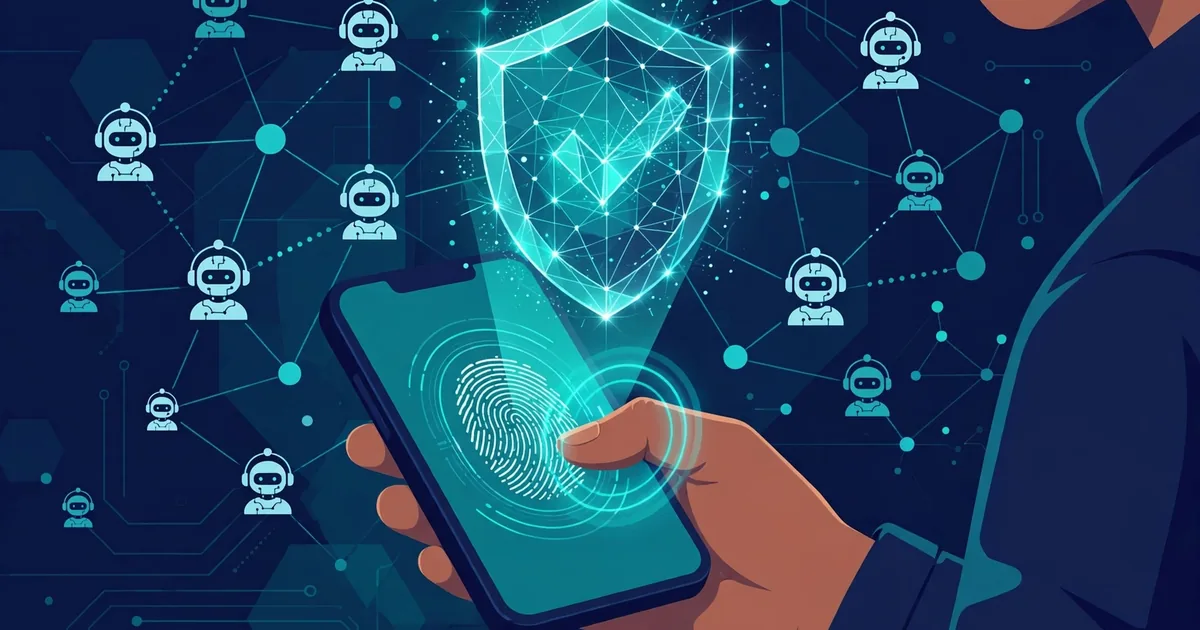 AI-generated editorial illustration: a person approving an AI agent transaction on a smartphone with a biometric fingerprint scan; a glowing digital identity shield badge rising from the phone; network of AI agent icons behind; deep navy and teal palette