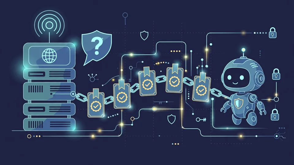 AI-generated editorial illustration: a website server issuing an HTTP identity challenge to a small robot AI agent; a chain of digital certificate links and glowing cryptographic signature lines; padlock motif on a dark navy background