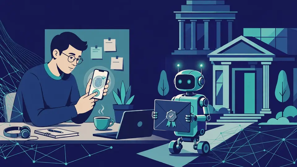 AI-generated editorial illustration: a person at a desk confirming a wire transfer on a phone with biometric approval while an AI agent carries a signed tamper-evident document to a stylized bank building; deep navy and teal palette