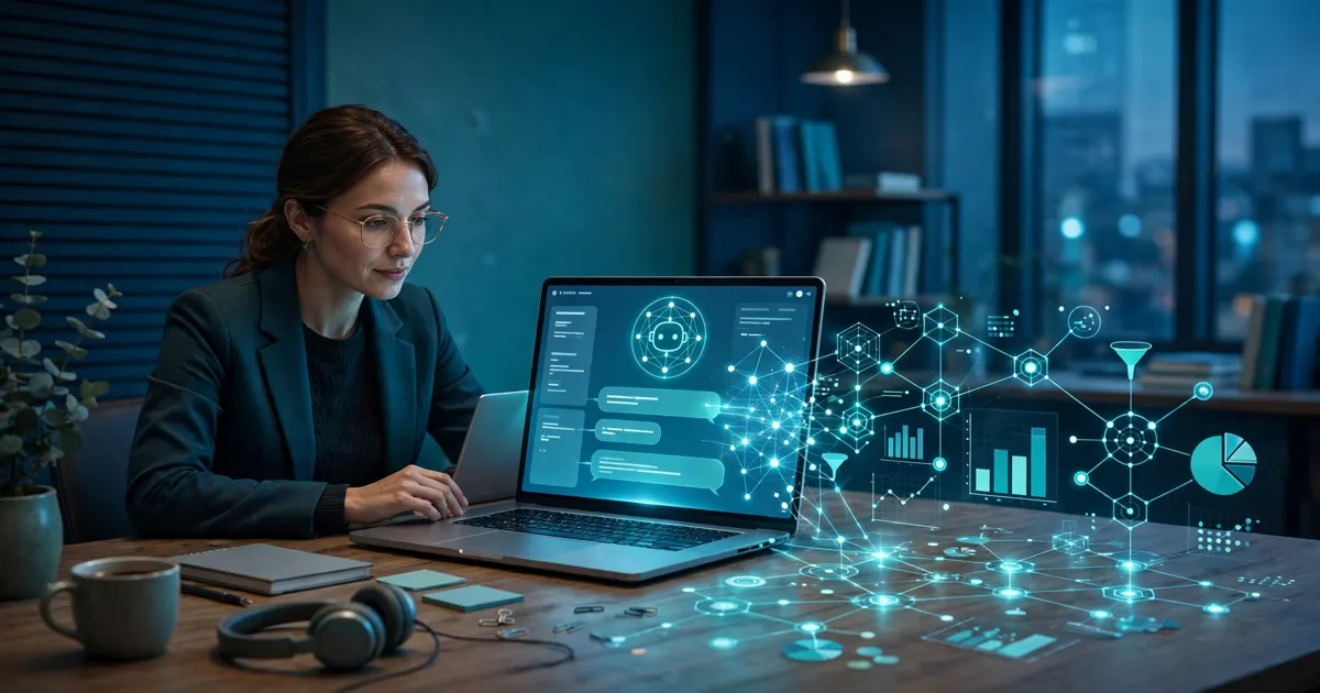 A business analyst chats with an AI assistant while a visual data workflow builds on screen