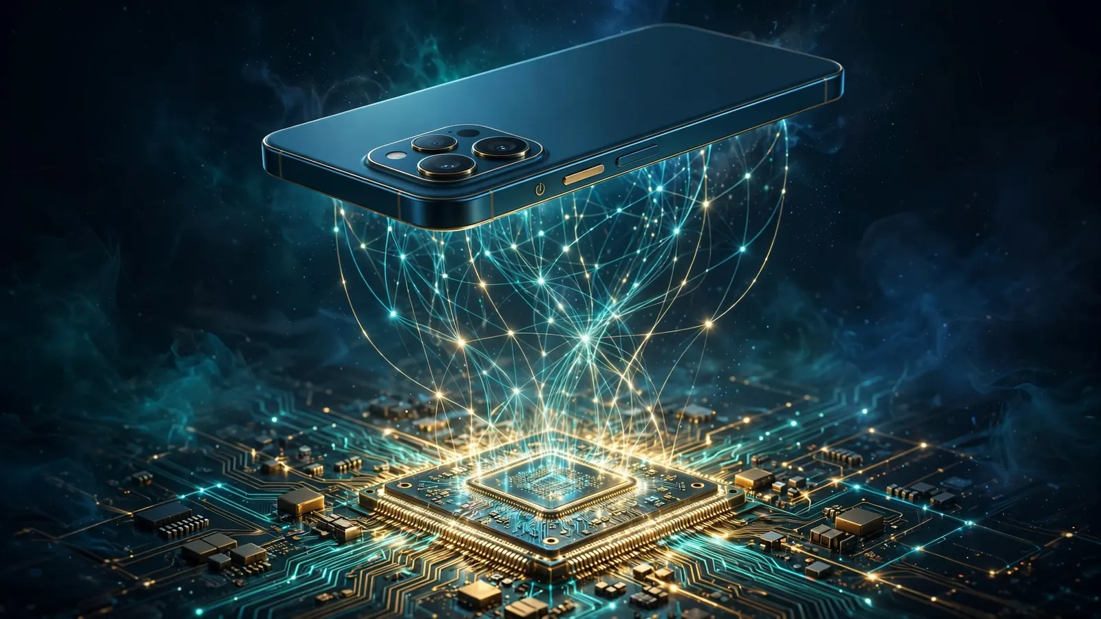 Editorial illustration of a smartphone floating above a glowing processor chip, connected by neural-network light trails