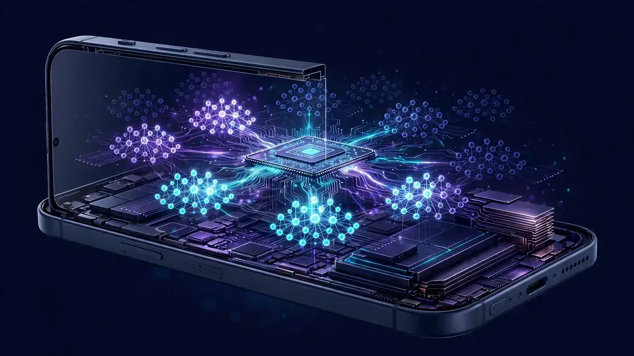 Cutaway illustration of a smartphone running a mixture-of-experts neural network on its internal chip