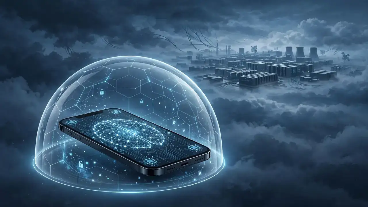 Illustration of a smartphone shielded by a privacy dome while a distant data center fades behind