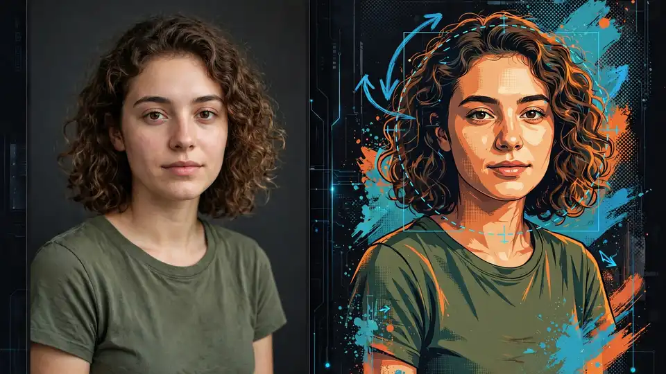 A photo being transformed into a stylized poster by AI image editing