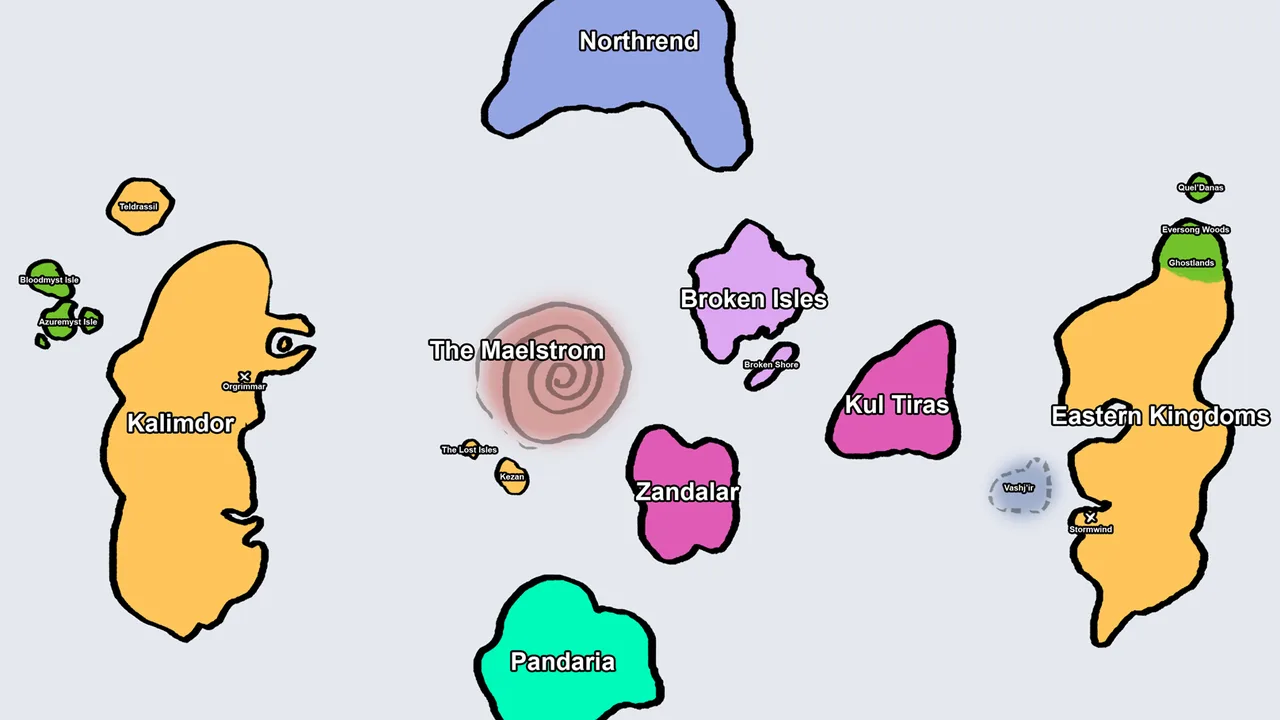 Stylized map of Azeroth showing Kalimdor, the Eastern Kingdoms, Northrend, Pandaria and surrounding isles
