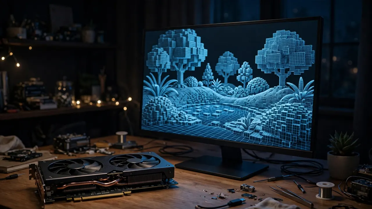 A graphics card on a desk at night beside a monitor showing a wireframe voxel garden scene