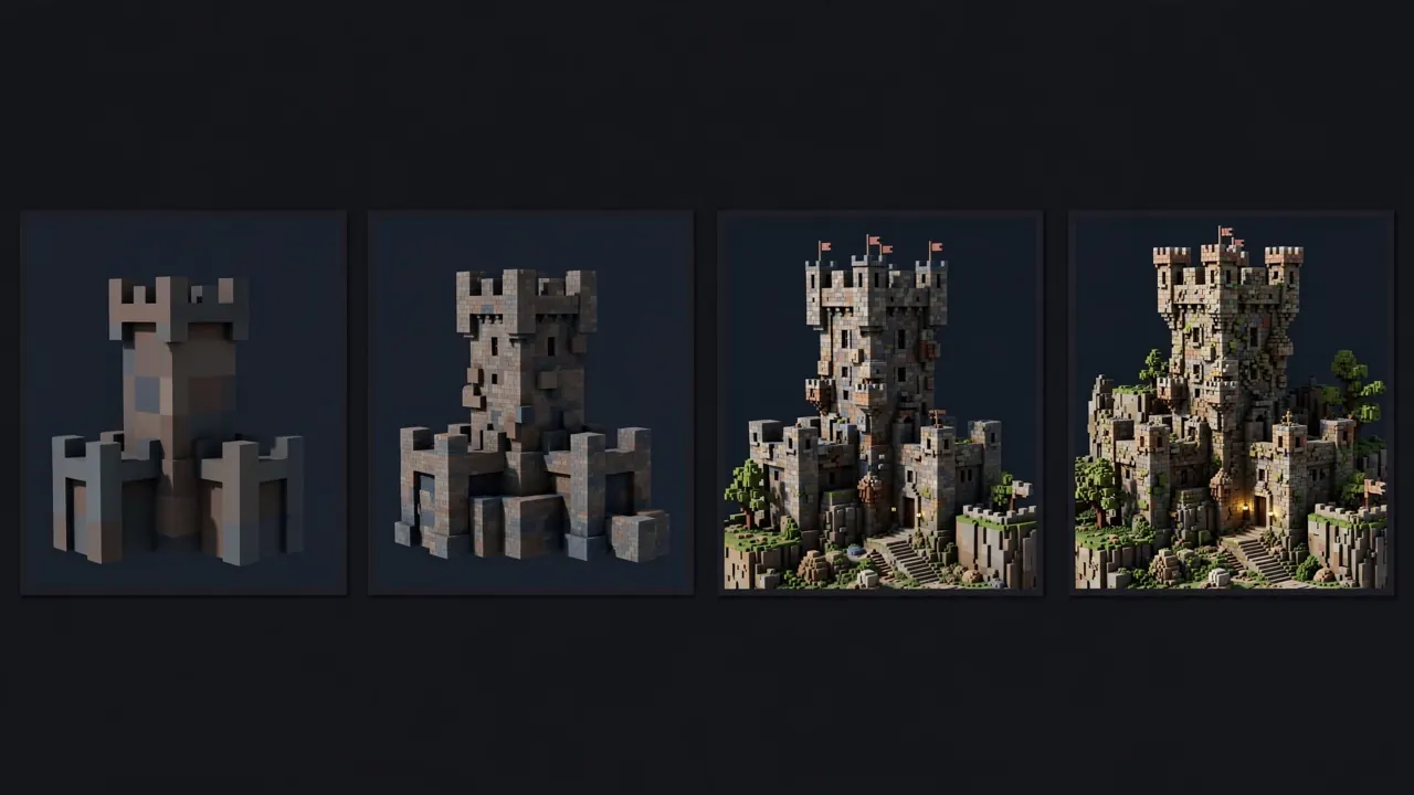 Four panels showing the same voxel tower scene growing more detailed from left to right, like training checkpoints improving