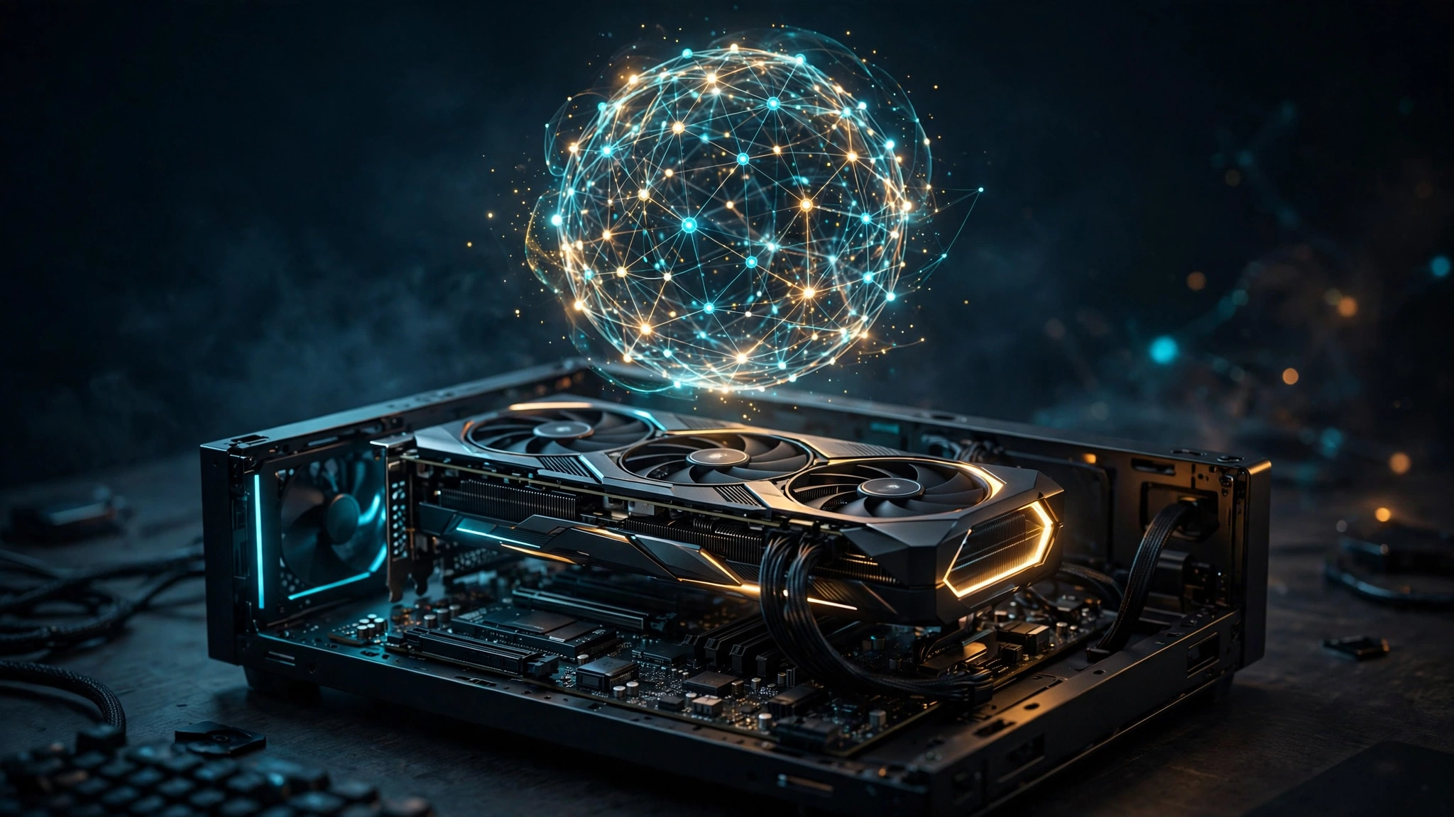 A glowing neural network sphere hovering above a graphics card in an open desktop PC