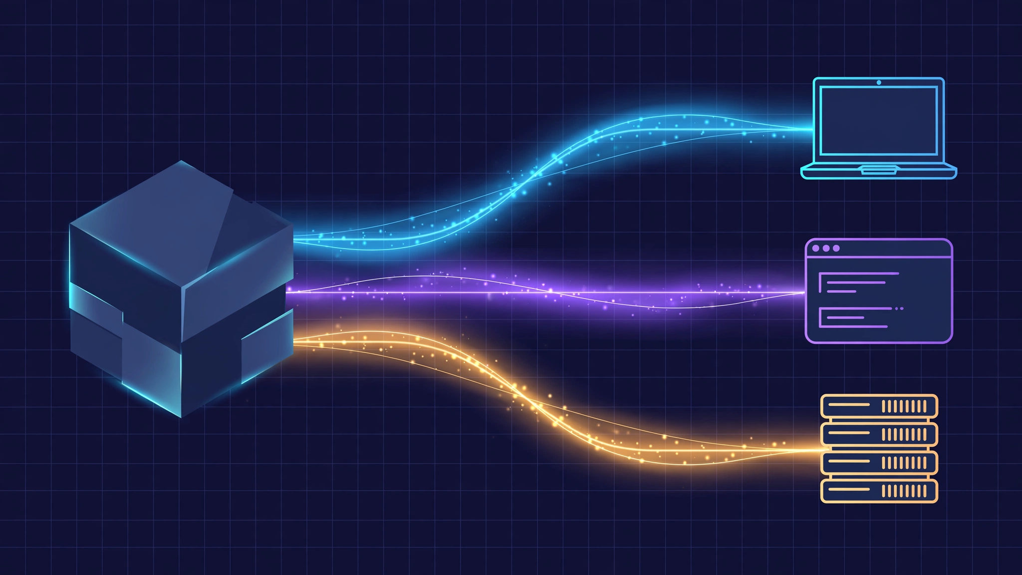 Diagram of model weights flowing into three serving paths: a laptop, a terminal window, and a rack server