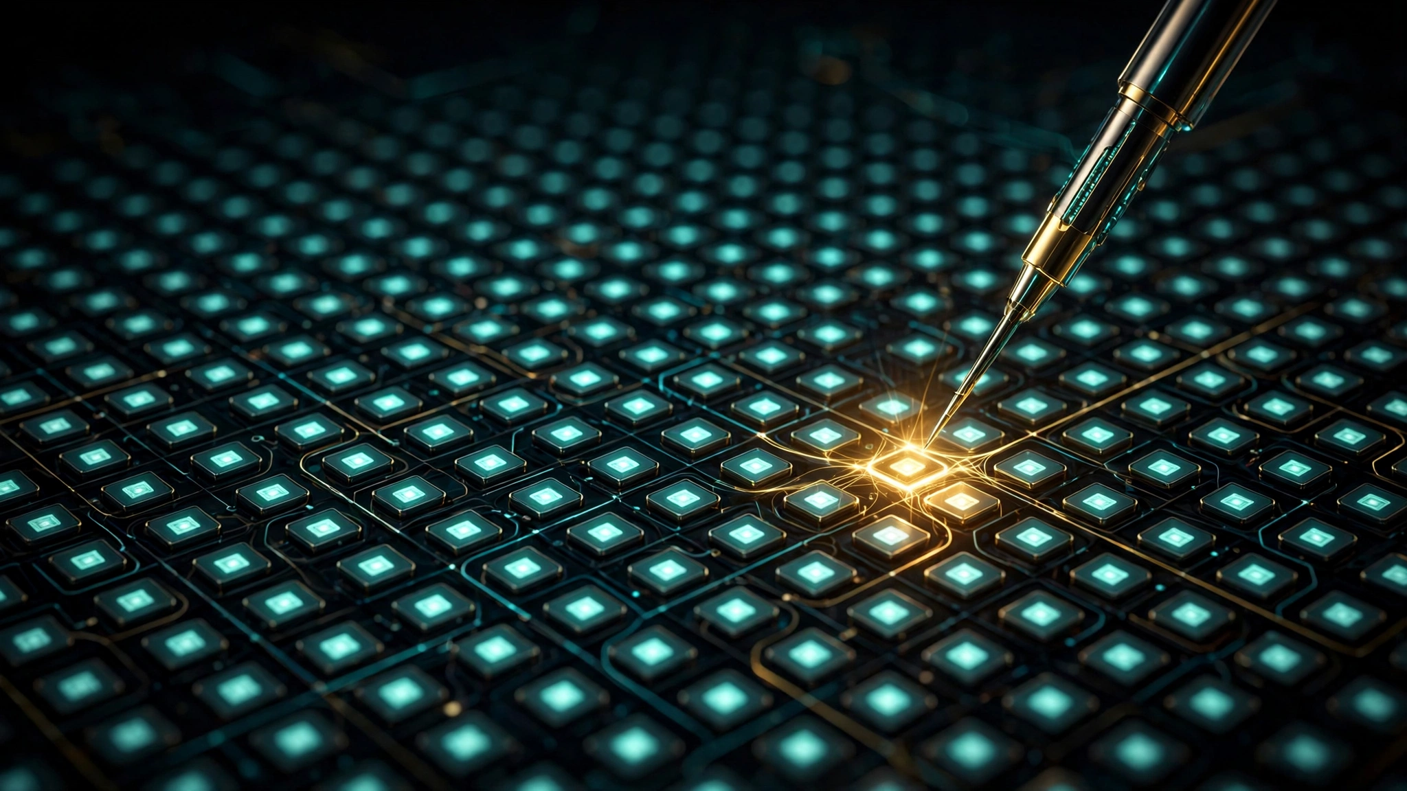 A glowing grid of memory cells with a pointer selecting one single cell, visualizing exact addressable memory inside a model’s layers