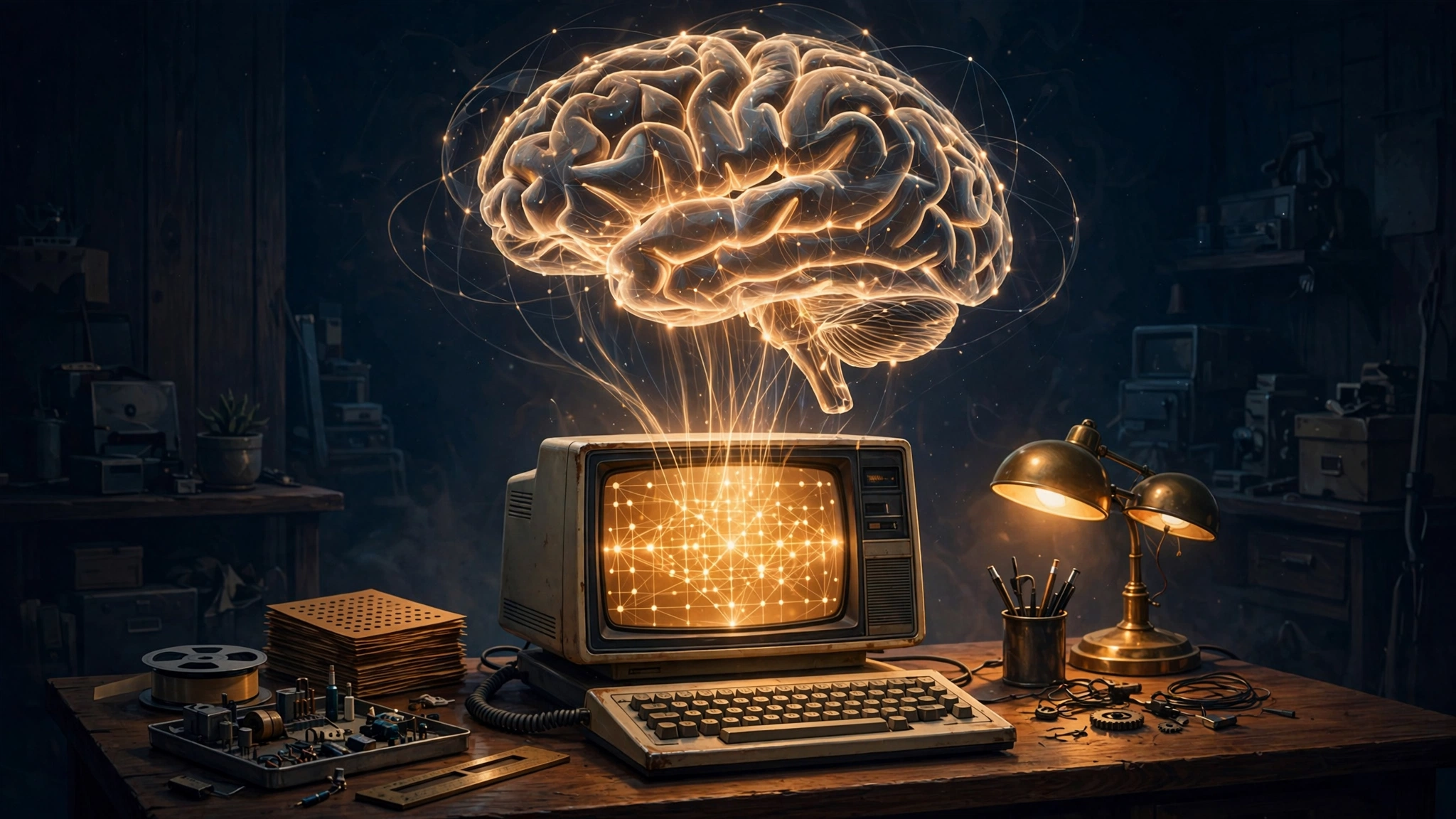 A vintage computer terminal on a workbench beneath a glowing translucent brain-shaped network doing arithmetic