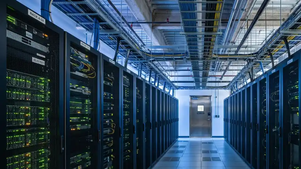 Rows of server racks with status lights inside an AI data center aisle