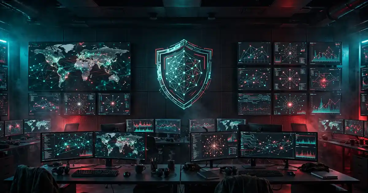 A dark security operations center with glowing threat maps and a central shield emblem