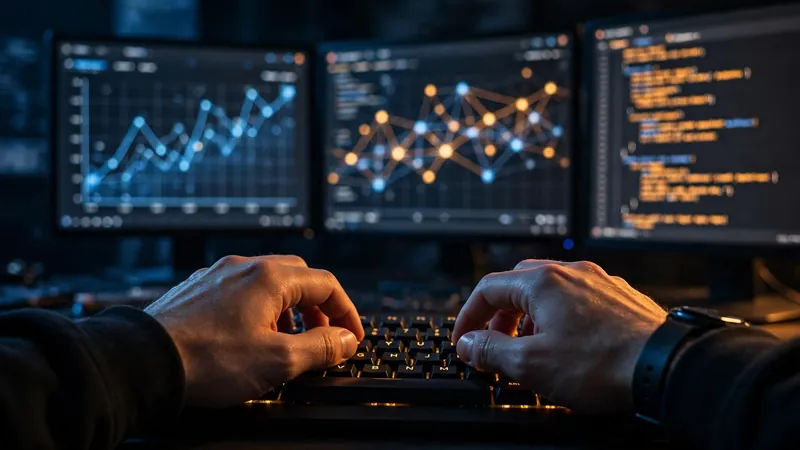 A security analyst at glowing monitors tracking attack behavior graphs