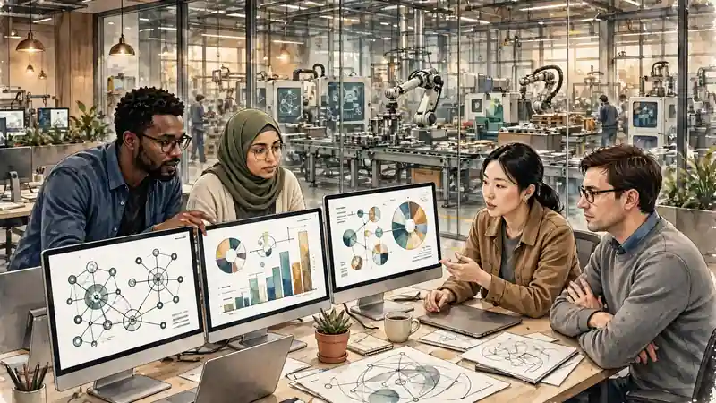 Illustration of AI engineers working alongside business teams, with a factory floor visible