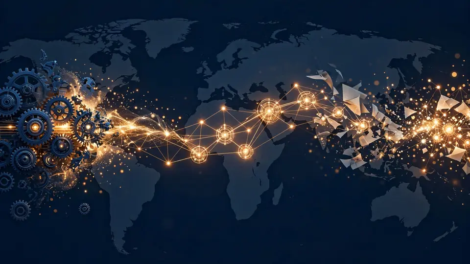 Abstract illustration of AI agents collaborating across a world map
