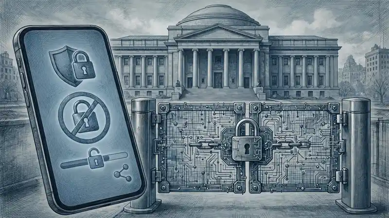 A smartphone beside a locked digital gate in front of a grand bank building