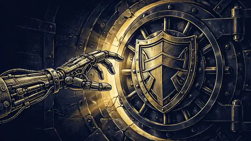 A robotic hand reaching toward a closed bank vault door marked with a shield