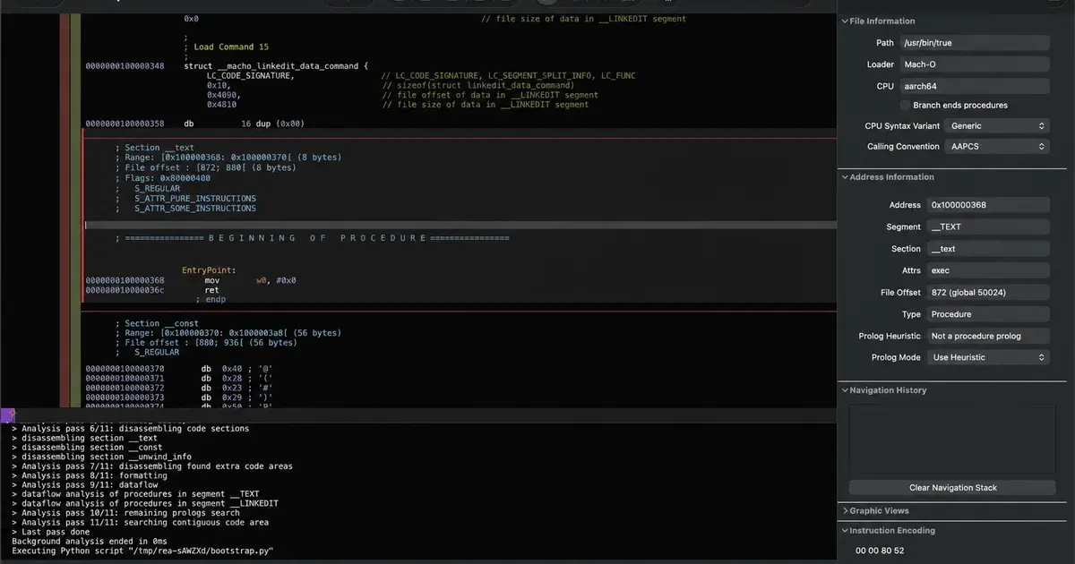 REA's analysis bridge inside Hopper, inspecting a native binary