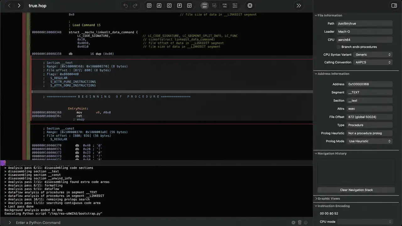 REA analyzing a native binary with its analysis bridge