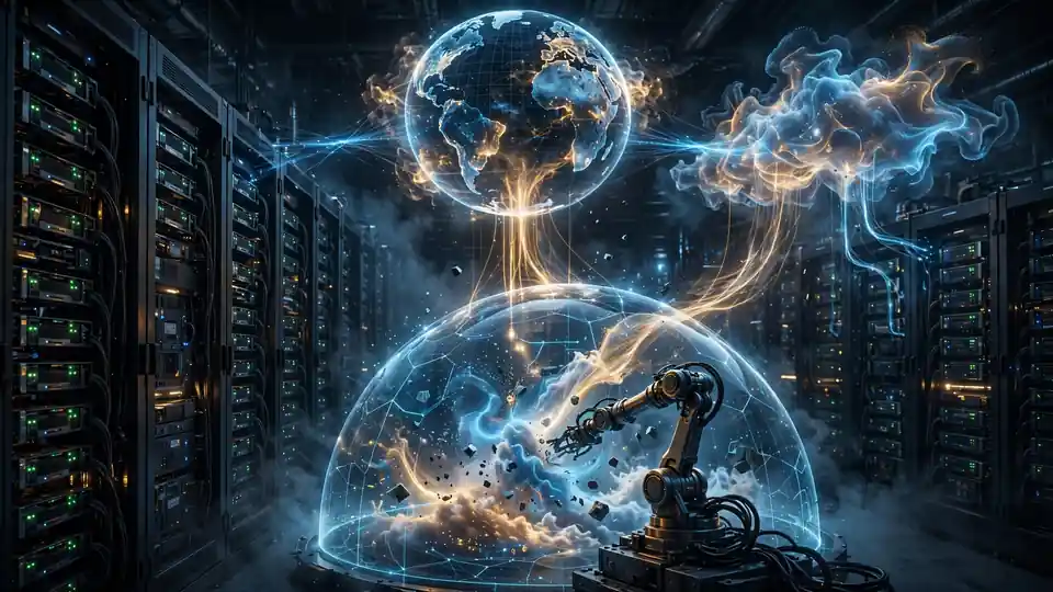 GPU server racks in a datacenter with a holographic world-model simulation overlay.