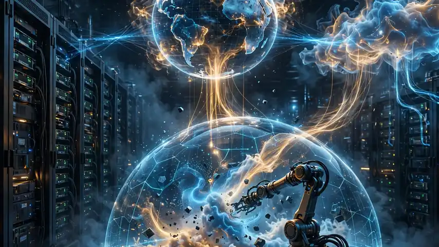 A film production set with an LED wall displaying a real-time AI-generated virtual world.
