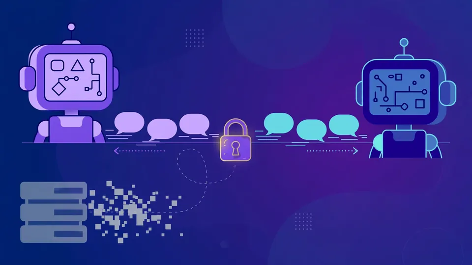 An encrypted message flow between two AI coding agents with a padlock on the direct connection, while a relay server off to the side sees only scrambled bytes