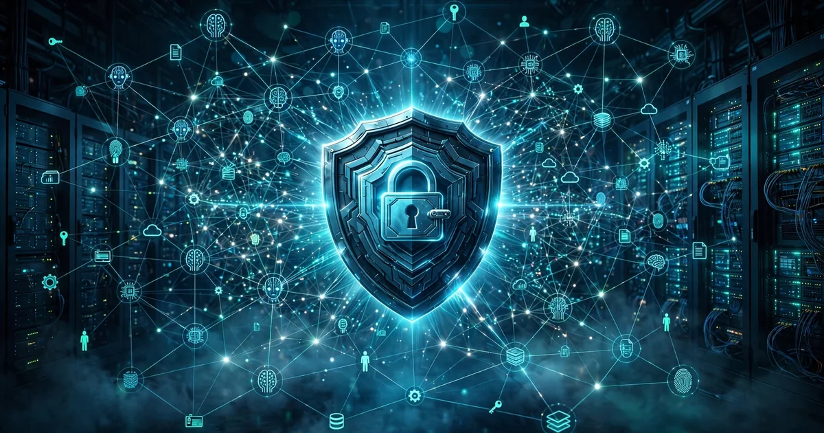 Illustration of a glowing network of AI agent nodes mapped beneath a cybersecurity shield