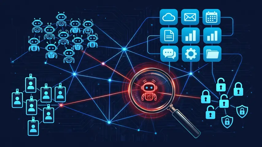 Illustration of a knowledge graph linking AI agents to enterprise apps, identities and permissions, with one risky agent flagged red
