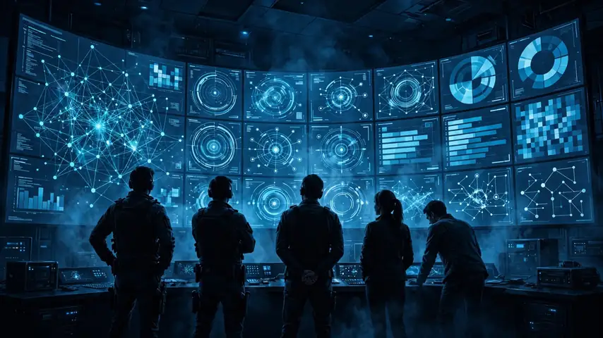 Illustration of a security team monitoring an AI agent activity dashboard with connection maps and access charts
