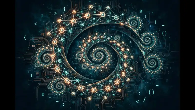 Abstract illustration of a recursive loop: glowing neural nodes folding back into themselves