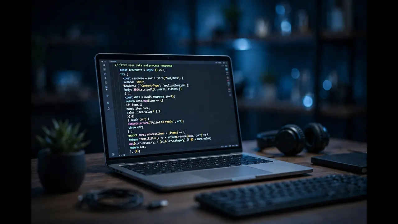 A laptop glowing with a code editor in a dark room