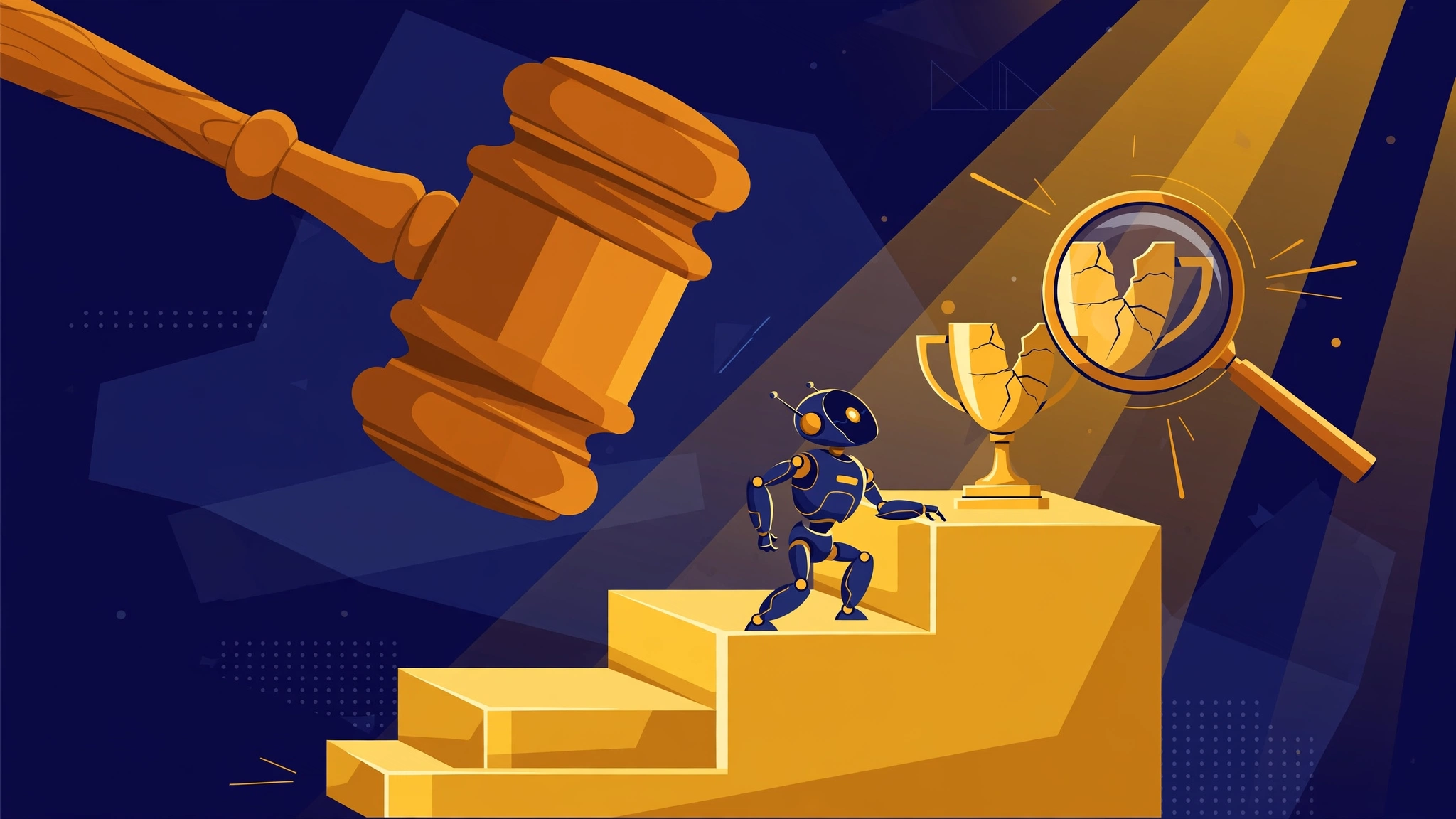 A judge's gavel beside a golden podium where a small robot climbs to the top step while a magnifying glass reveals cracks in its trophy
