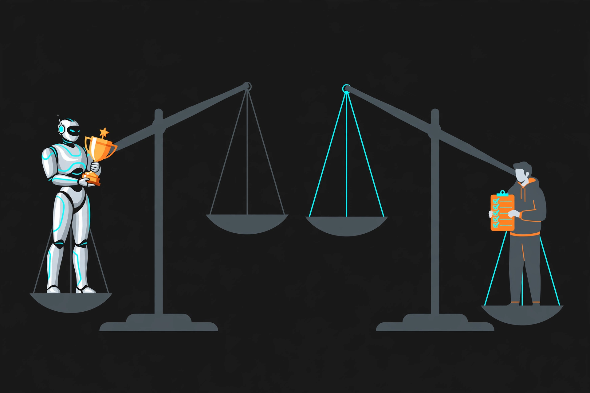 Two balance scales tipping in opposite directions: one toward a robot holding a trophy, the other toward a person holding a checklist
