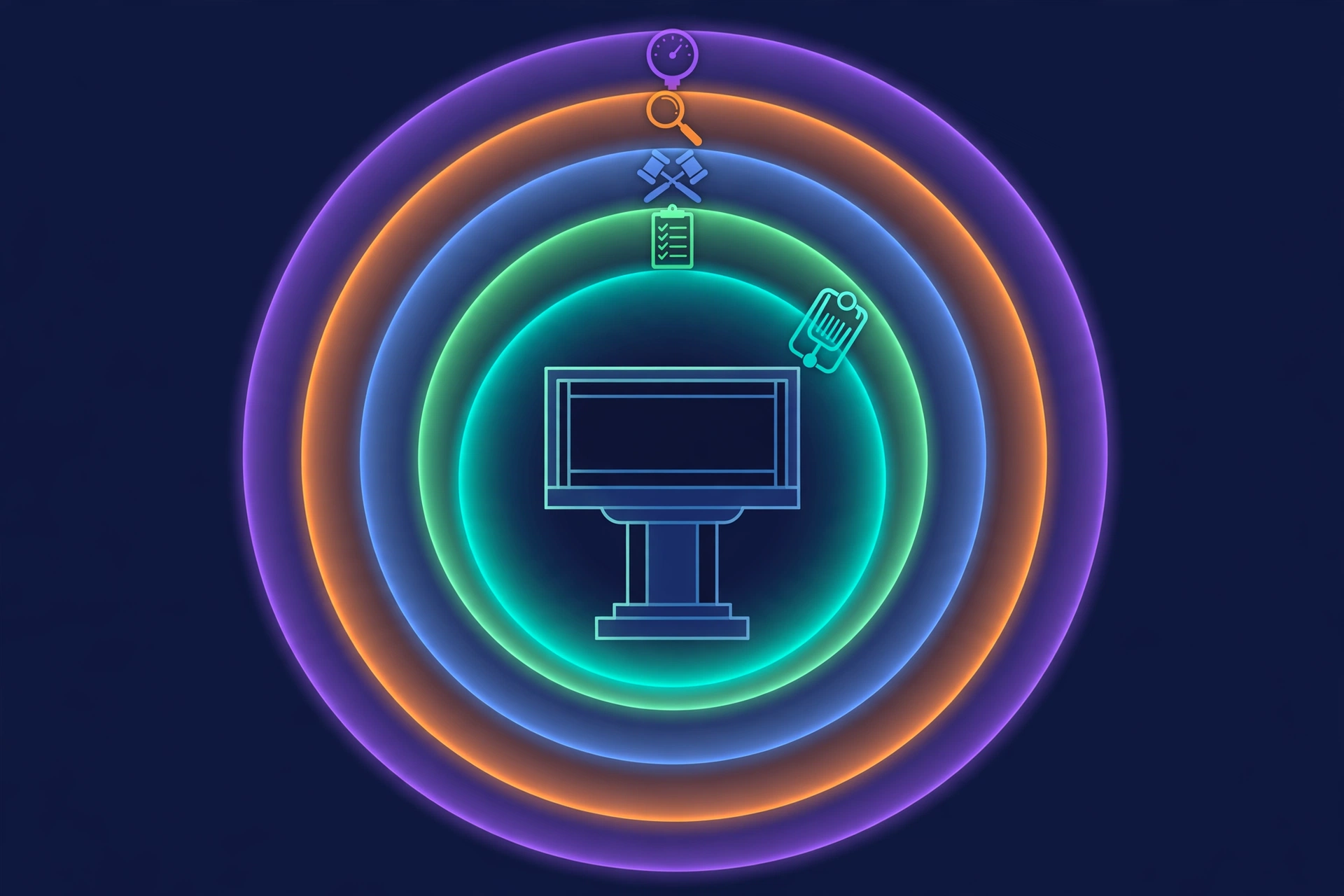 Five concentric glowing shield rings with icons around a central scoreboard, representing layered eval defenses