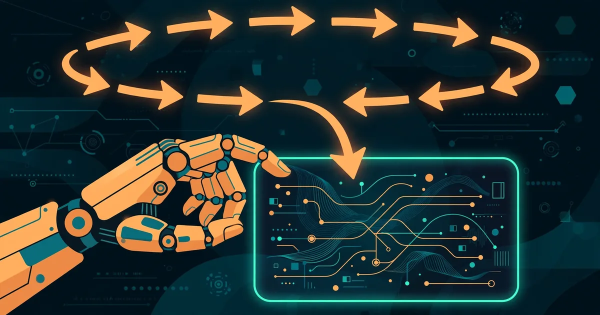 A robot hand at a terminal with a glowing feedback loop of arrows above it, symbolizing a self-improving agent