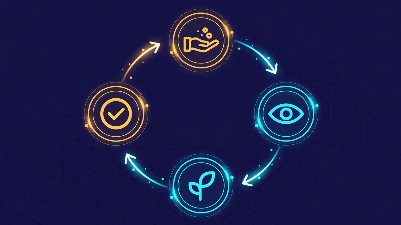 Four glowing stages connected in a ring: serve, observe, grow, commit