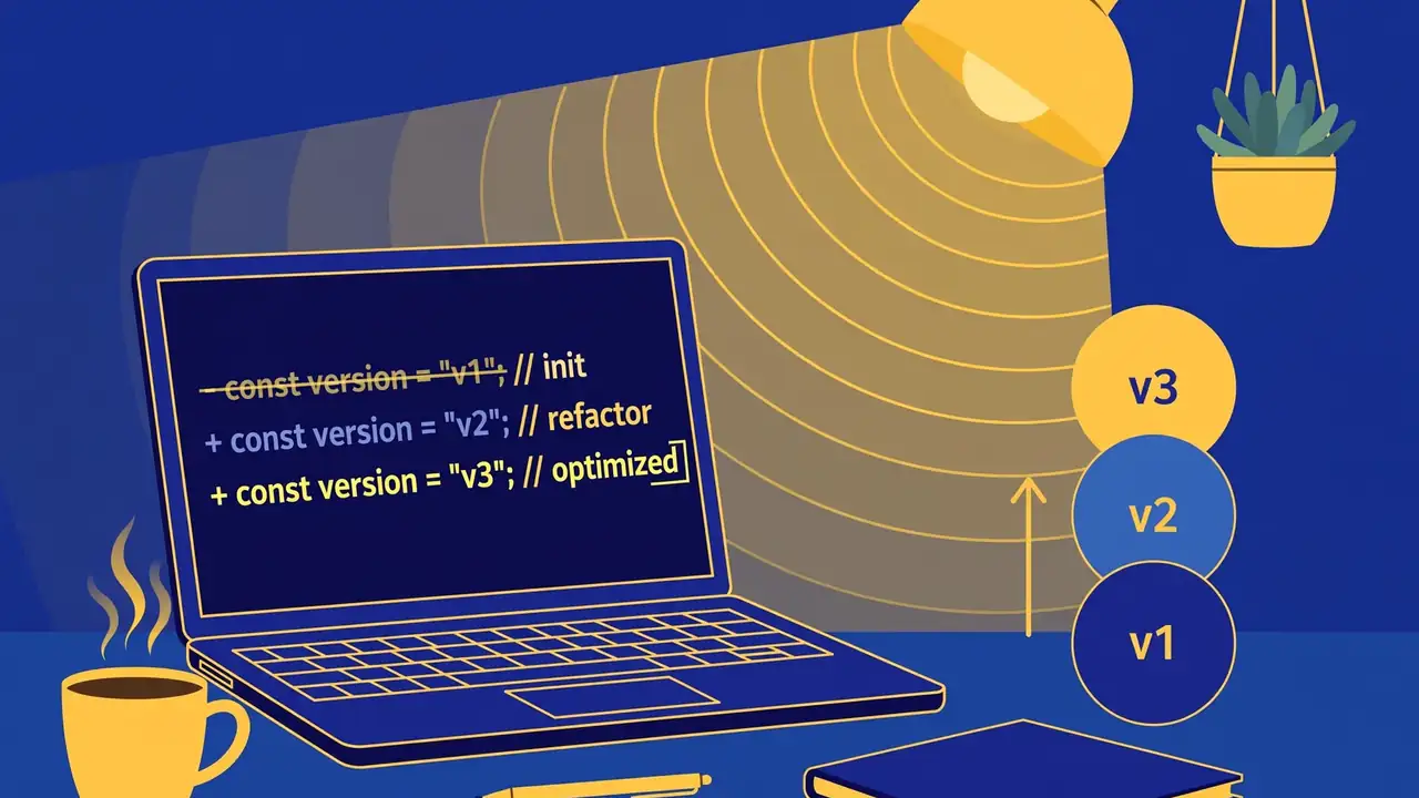 A laptop with a terminal refining code beside a stack of rising version badges