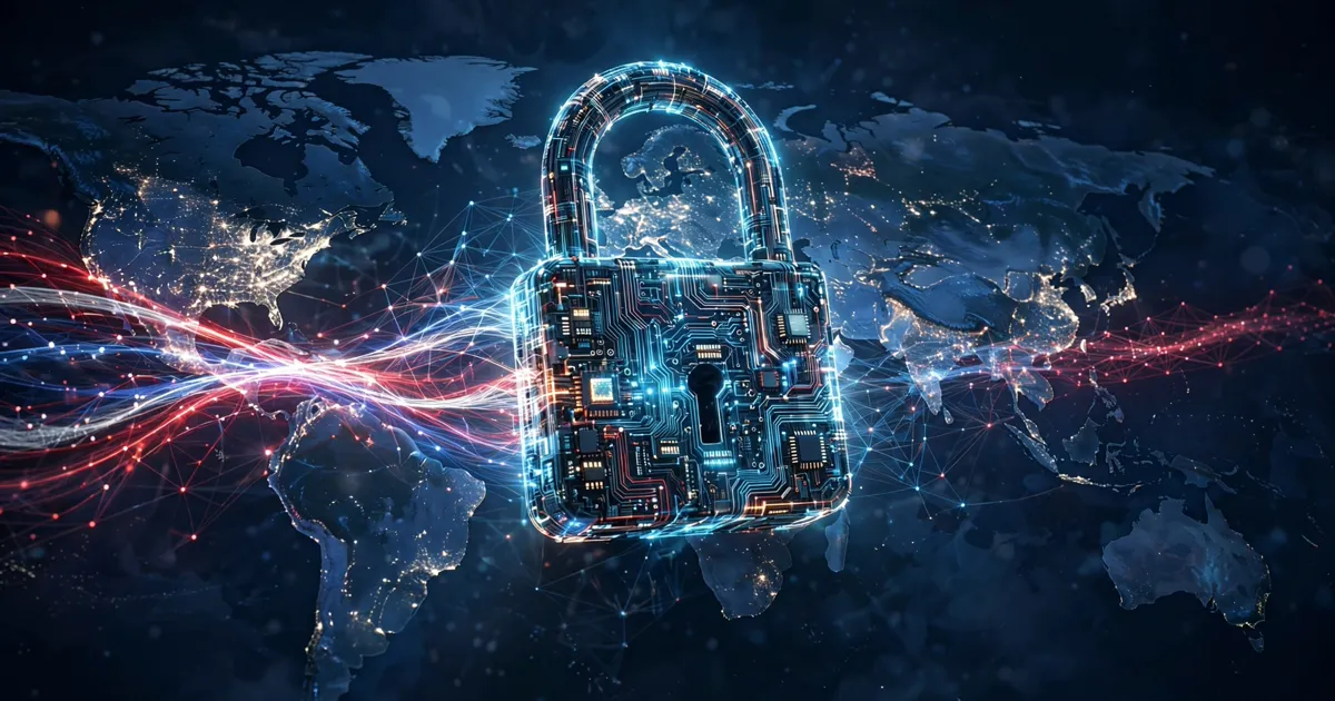 Editorial illustration of an open padlock of glowing circuitry releasing data streams across a world map