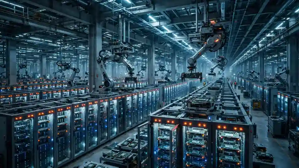 EDITORIAL illustration of a vast 'AI factory' data-center hall with server racks and robotic arms