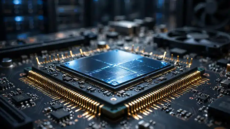 Macro photograph of an AI accelerator chip on a motherboard with server racks behind