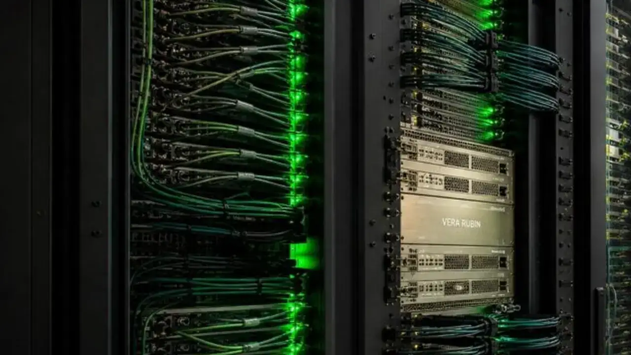 Rows of Nvidia GPU server racks in a data center, cables glowing green.