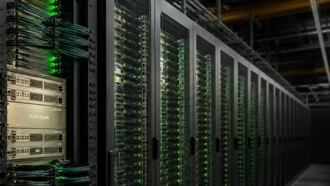 A data-center corridor of server racks stretching into the distance.
