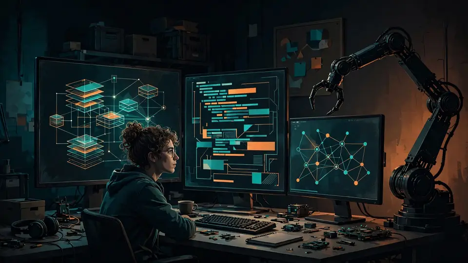 Developer workstation with code and model diagrams, symbolizing open-model customization
