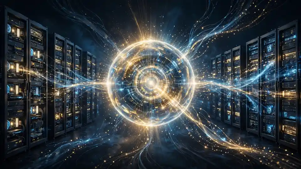 Server racks with flowing data streams converging on a glowing sphere