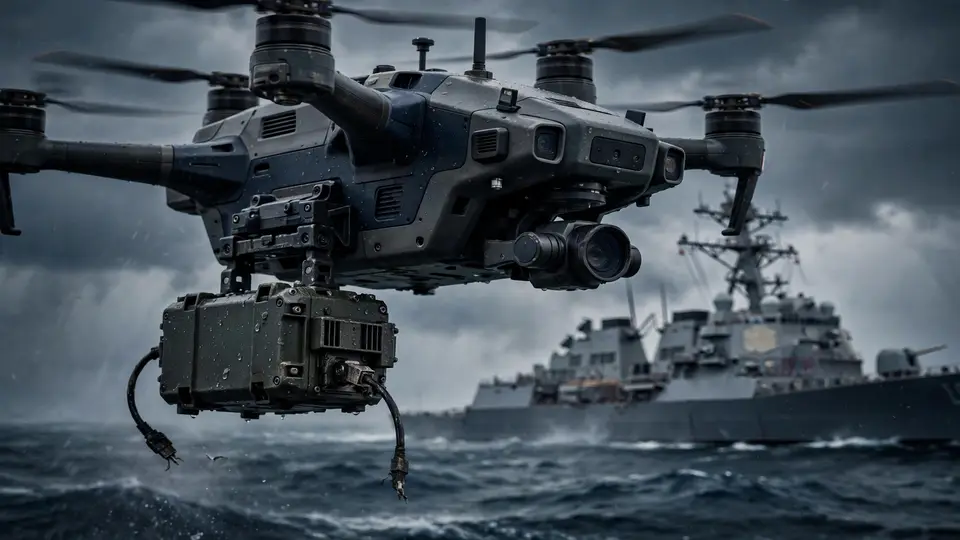 A surveillance drone over a naval vessel with an edge-computing module